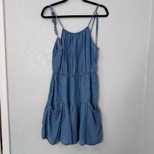 Walter Baker‎ Blue Lyocell Tiered Mini Dress XL Tie Strap Chambray Style W71353